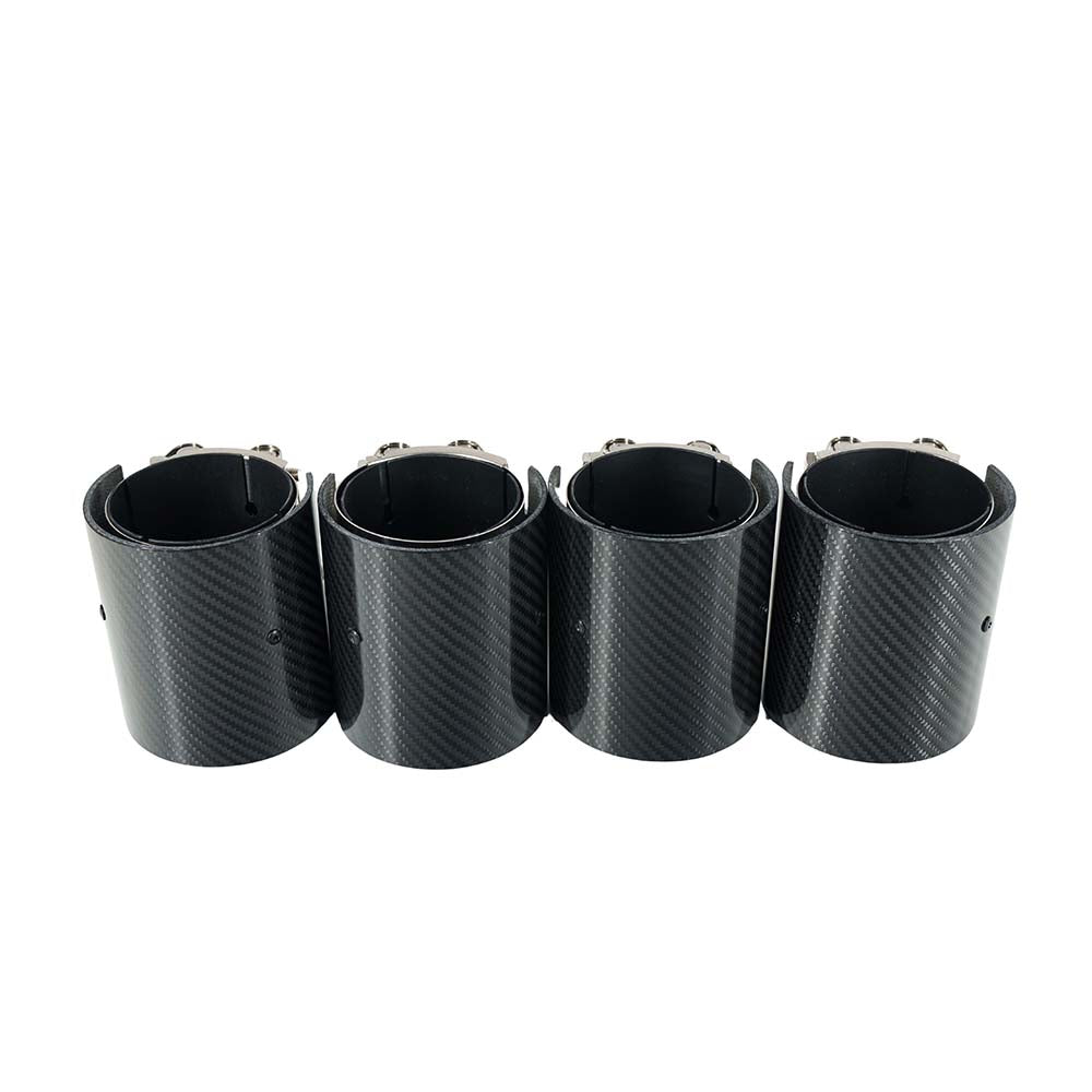 Set of four black carbon exhaust tips for BMW M2, M3, M4 G87/G80/G81/G82/G83 from CT Carbon, straight cut design.