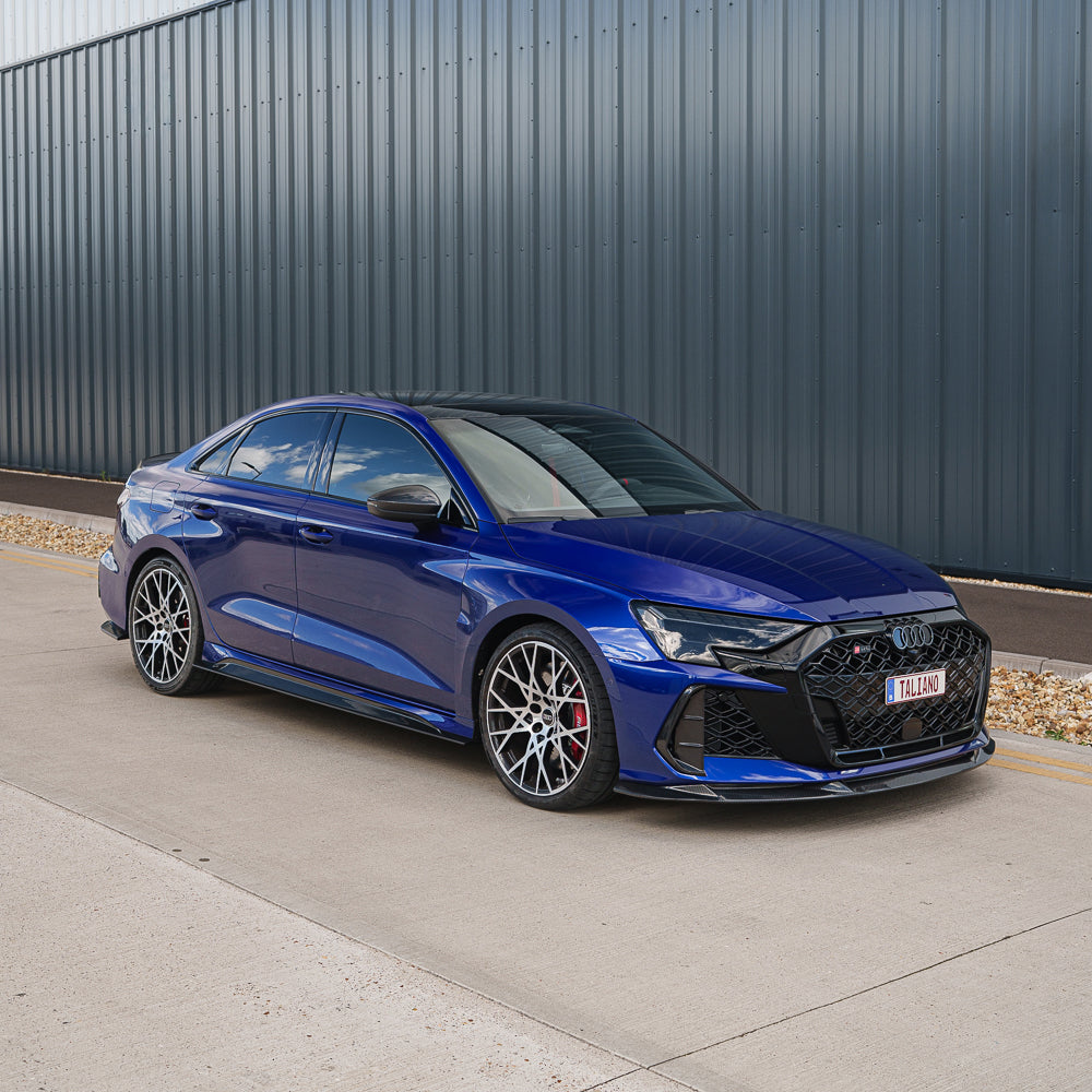 CT Carbon Audi RS3 8Y 2025+ facelift saloon full carbon fibre kit, including front splitter, side skirts, and rear diffuser.