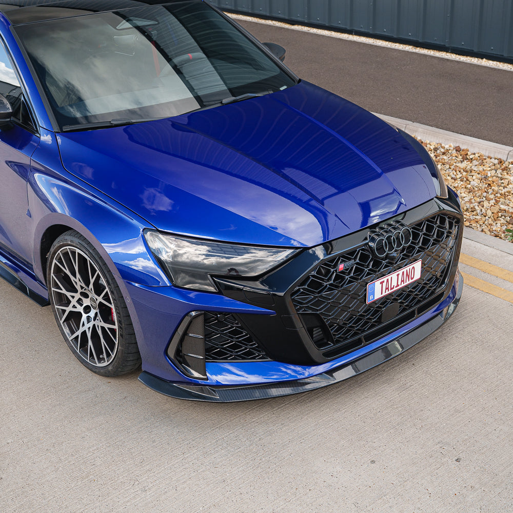 CT Carbon Audi RS3 8Y 2025+ facelift saloon full carbon fibre kit, showing detailed carbon fiber components and sleek design.