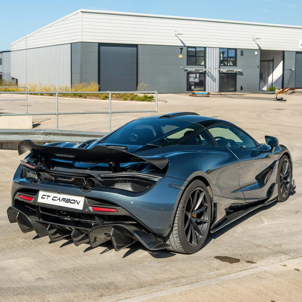 CT Carbon McLaren 720S Ultimate Kit installed on car, showcasing detailed carbon fiber components and sleek design features.