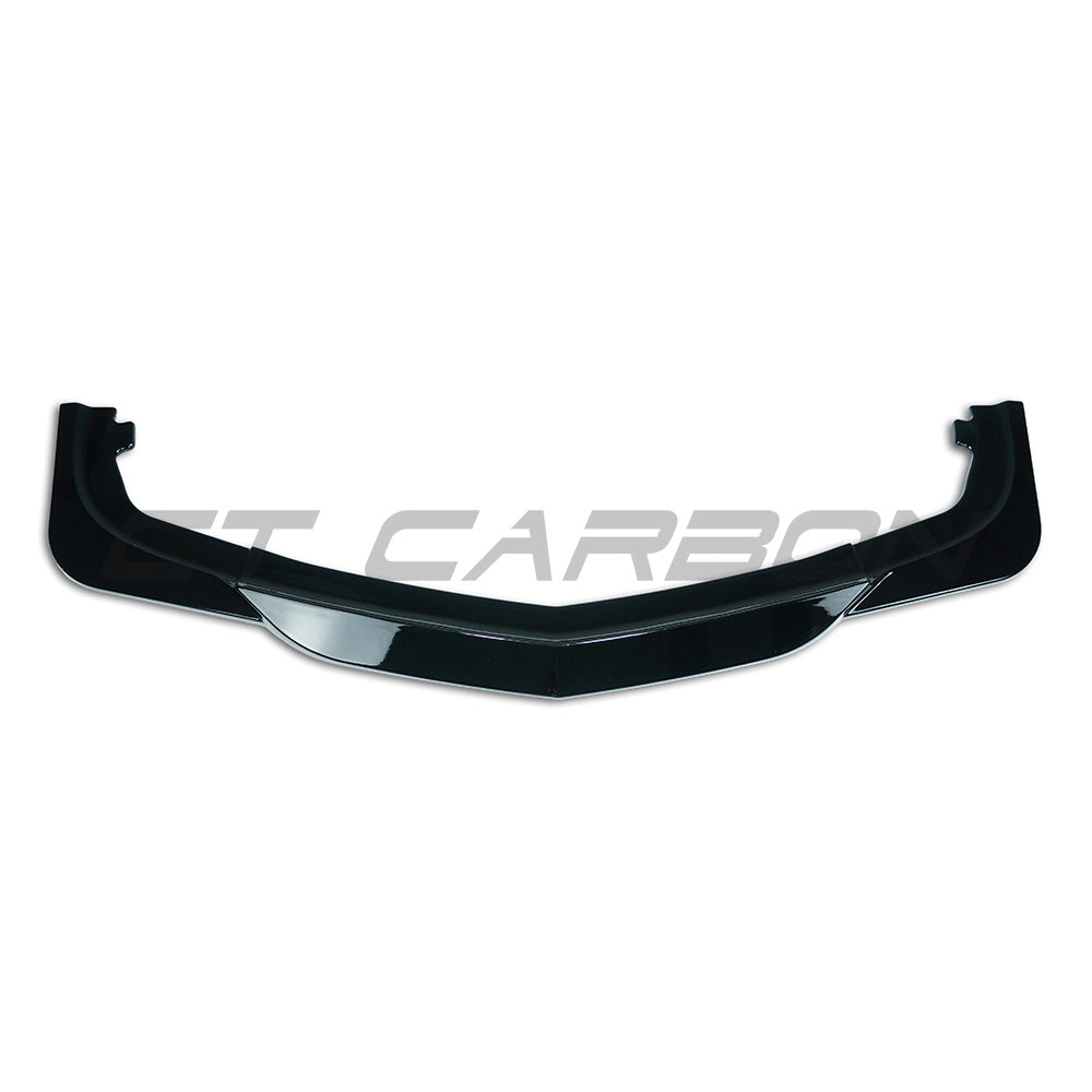 Gloss black front splitter for Mercedes-Benz W204 C63 (2012-2014) by CT Carbon, shown installed on the vehicle's front bumper.