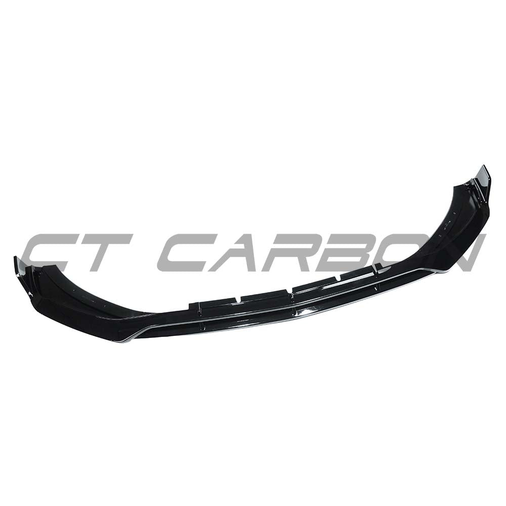 Gloss black front splitter for Mercedes C-Class W206 2021+ by CT Carbon, showing the sleek aerodynamic design.