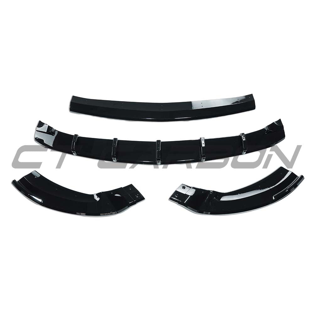 Gloss black splitter for Mercedes C-Class W118 from CT Carbon, shown attached to front bumper of the car.
