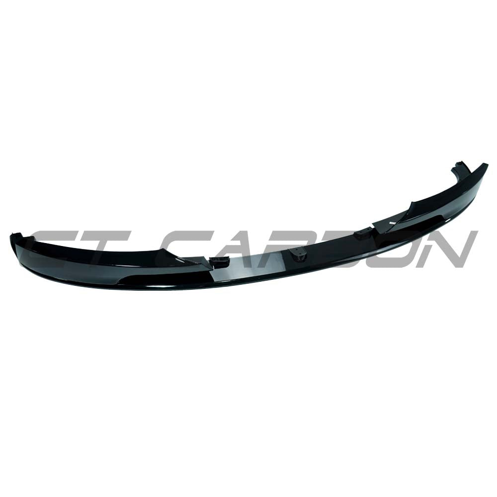 BMW 3 Series E90/E91/E92 2008-2013 LCI V8 gloss black splitter by CT Carbon, showing the sleek split design on the front bumper.