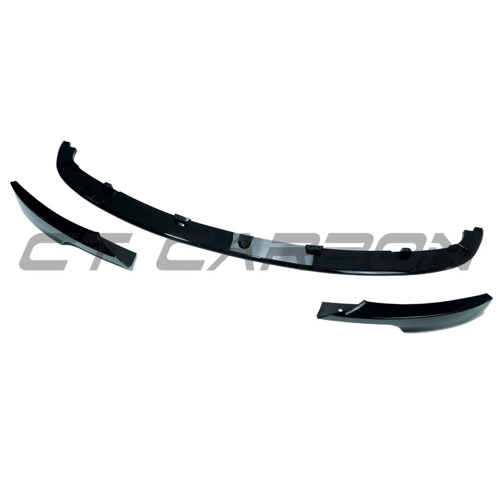 BMW 3 Series E90/E91/E92 LCI V8 gloss black splitter by CT Carbon, showing close-up of aerodynamic front splitter with detailed finish.