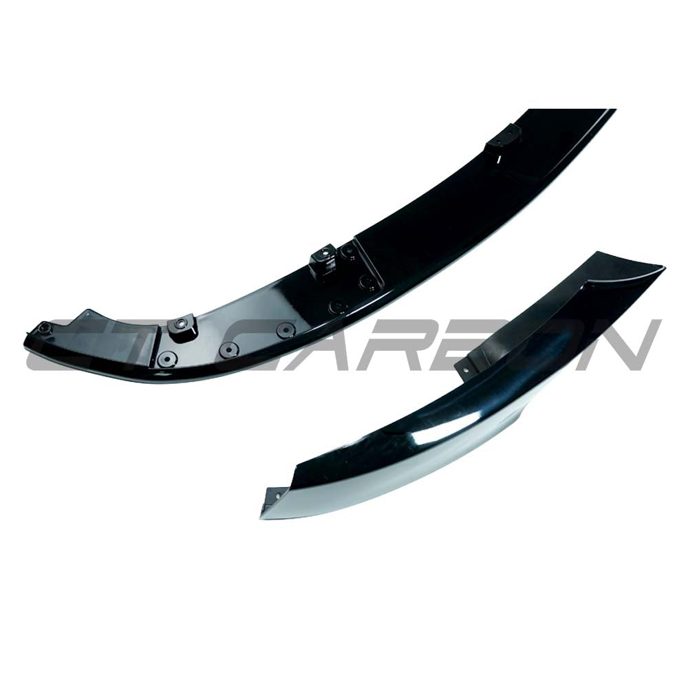 BMW 3 Series E90/E91/E92 2008-2013 LCI gloss black splitter by CT Carbon, showcasing a sleek aerodynamic automotive accessory.