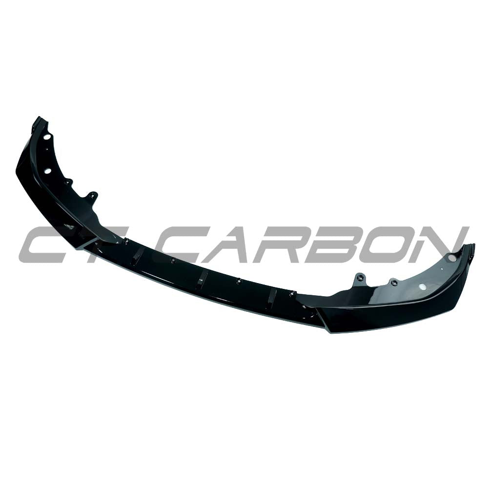 BMW G82 G22 M4 2021+ CT Carbon gloss black 3-piece splitter installed on front bumper, enhancing sporty appearance.