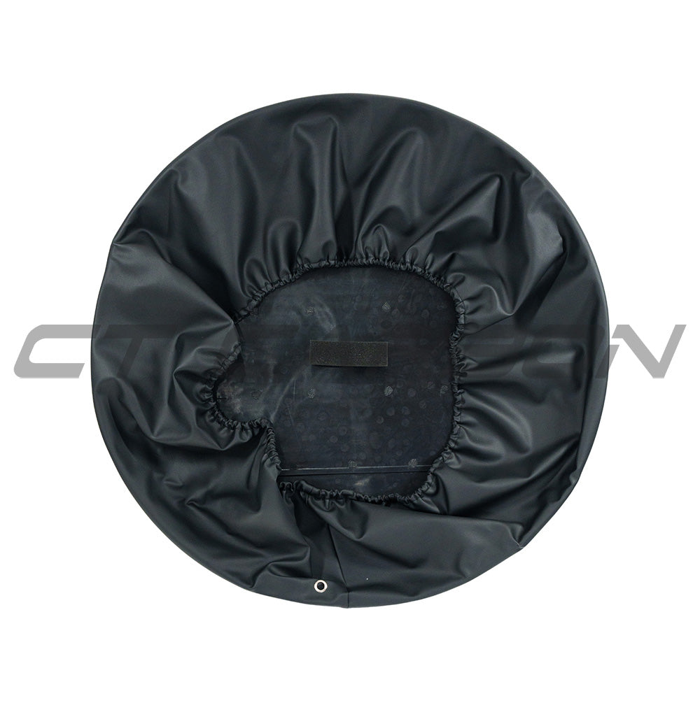 Gloss black spare wheel cover for Land Rover Defender L663 110 & 90 by CT Carbon, showing the sleek exterior design.