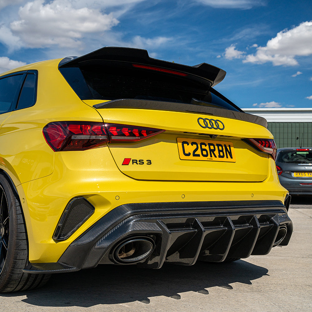 CT Carbon Audi RS3 8Y 2025+ carbon fibre rear reflector delete accessory, showcasing sleek black finish and precise fitment.