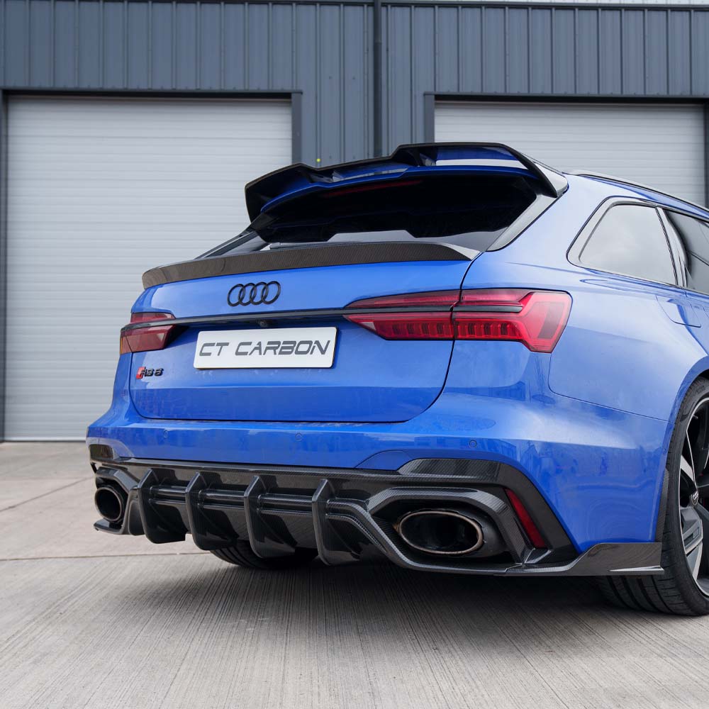 Audi RS6 C8 full carbon fiber kit by CT Carbon, featuring aerodynamic body panels and accents on the vehicle.