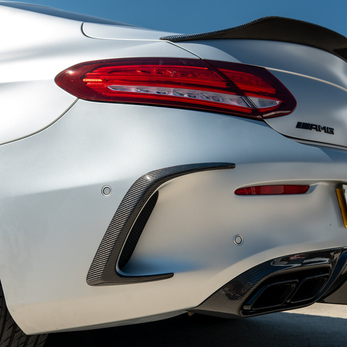 CT Carbon Mercedes C63/C63S W205 coupe carbon spoiler, sleek aerodynamic design, shown from side angle.