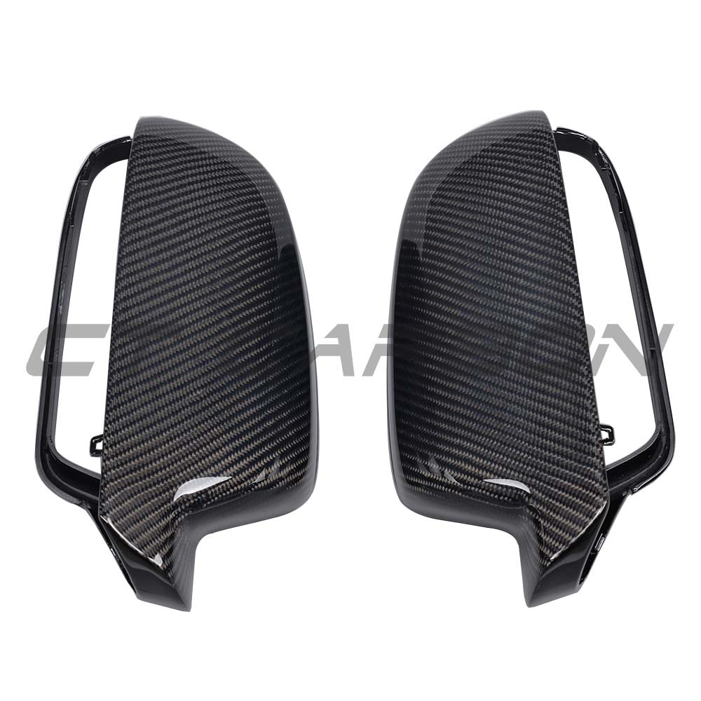 Carbon fibre mirror covers for Audi A4, S4, A5, S5 B8.5 2012-2016 by CT Carbon, showing close-up of glossy finish and mirror assembly.