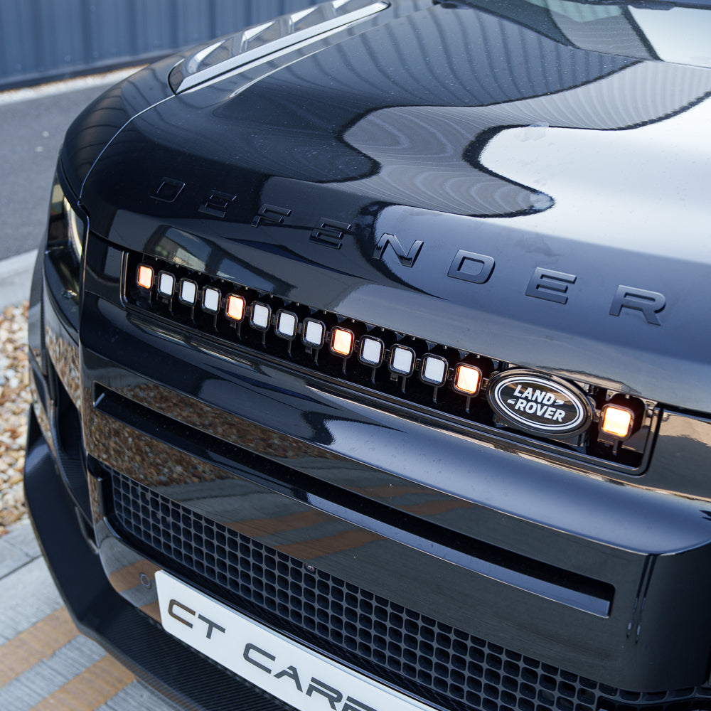 Yellow LED grille for Land Rover Defender L663 2019+ by CT Carbon, featuring a stylish and durable V3 design in the image.
