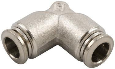 Nineteen72 Performance air ride elbow connector fitting, full view showing metal construction and smooth curved design.