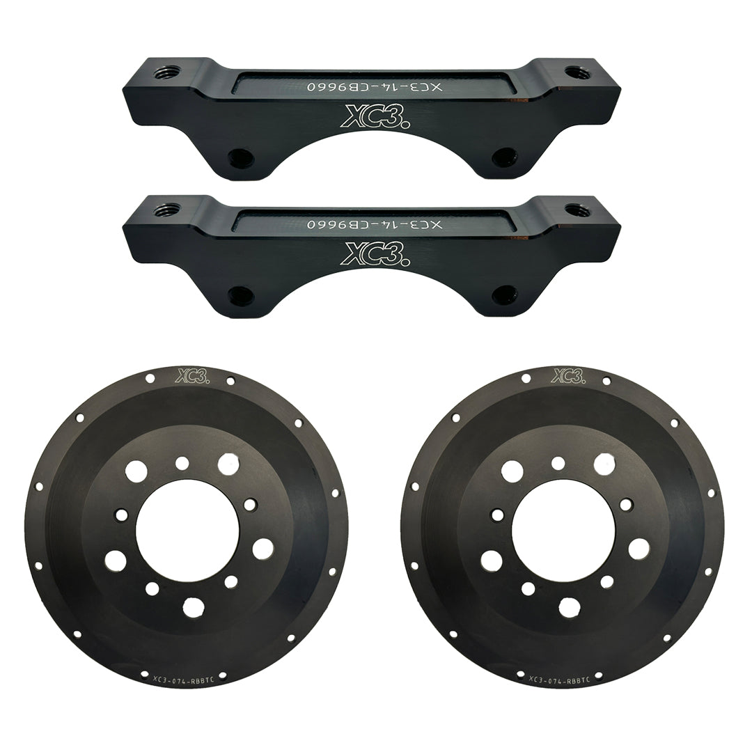BMW M2, M3, M4 F8X BTCC brake conversion kit with caliper carriers and rotor bells for AP Racing CP9660 by XC3 Engineering.
