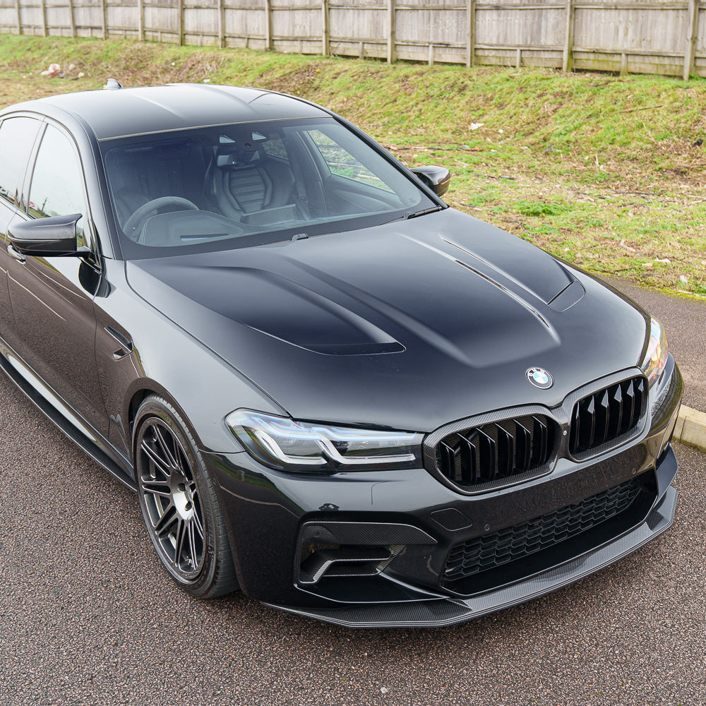 BMW F90 M5 and G30/G31 5 Series aluminium bonnet by CT Carbon, showcasing sleek carbon fiber finish and precise fit.