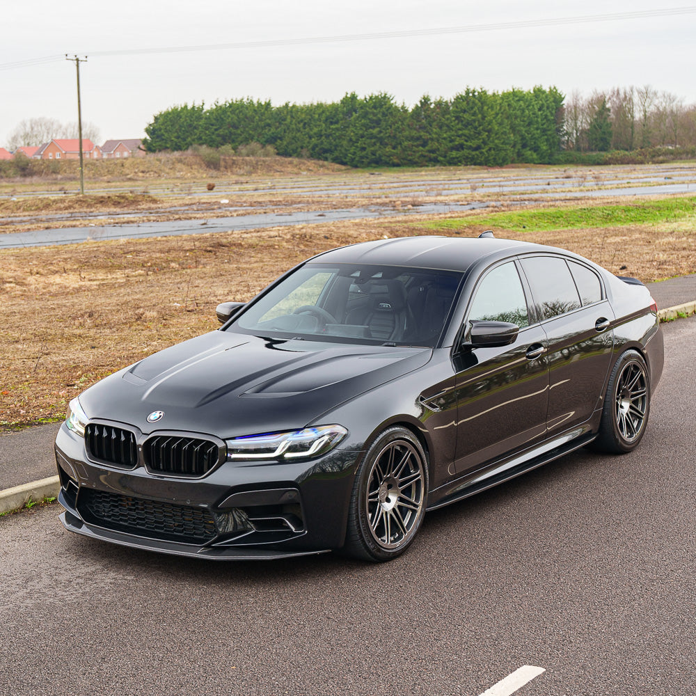 BMW F90 M5 2018-2023 CT Carbon pre-preg carbon fibre RHD side mirrors accessory, showcasing sleek carbon fibre finish.