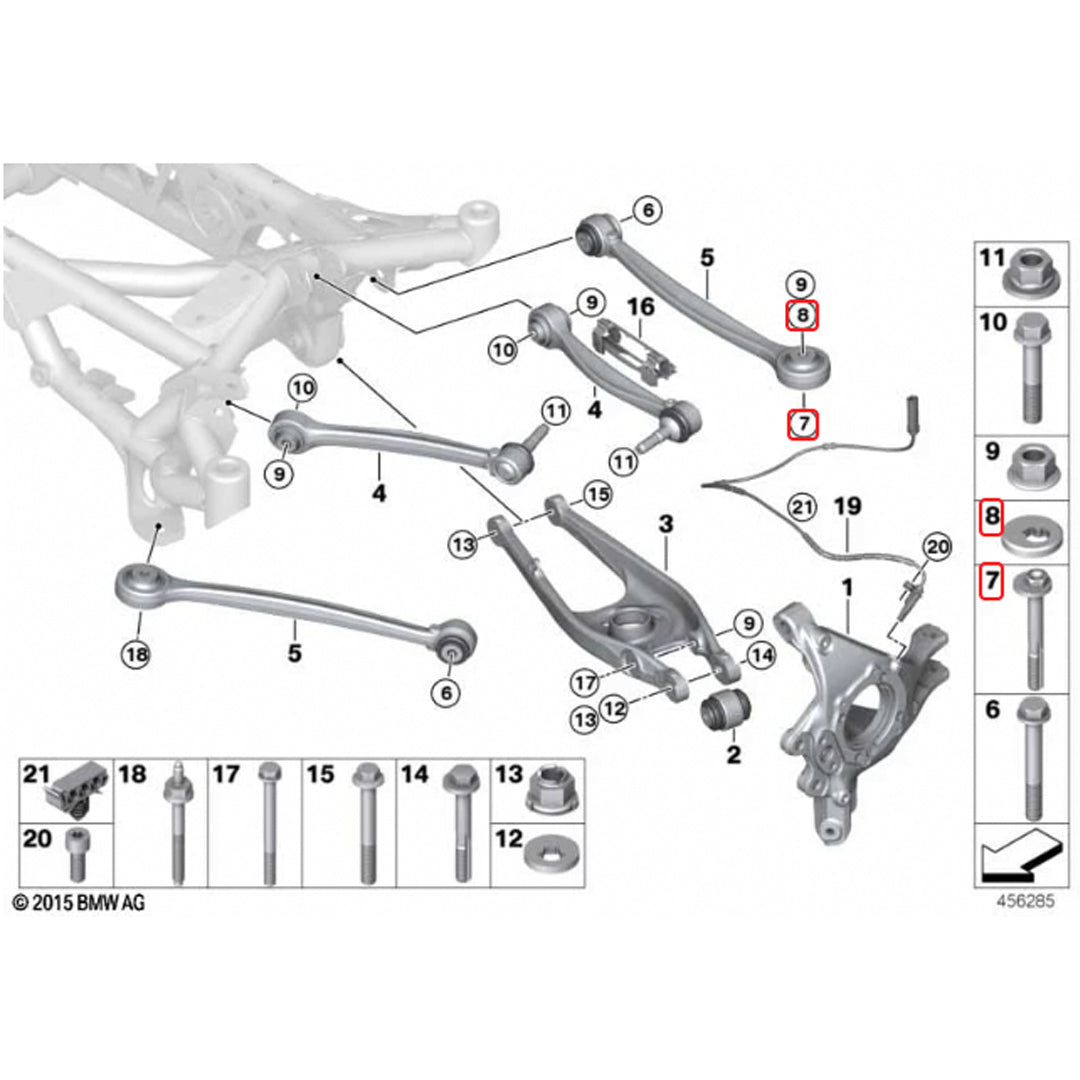 BMW M2, M3, M4 F8X & G8X rear toe lockout shims installed on suspension arms for precise alignment, by XC3 Engineering.
