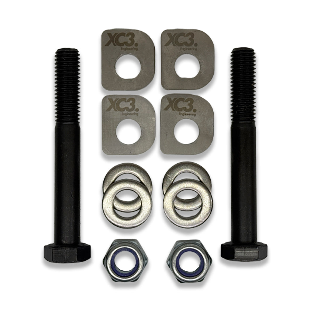 BMW M2, M3, M4 F8X G8X rear toe lockout shims kit for suspension alignment, by XC3 Engineering, shown with metal components and packaging.