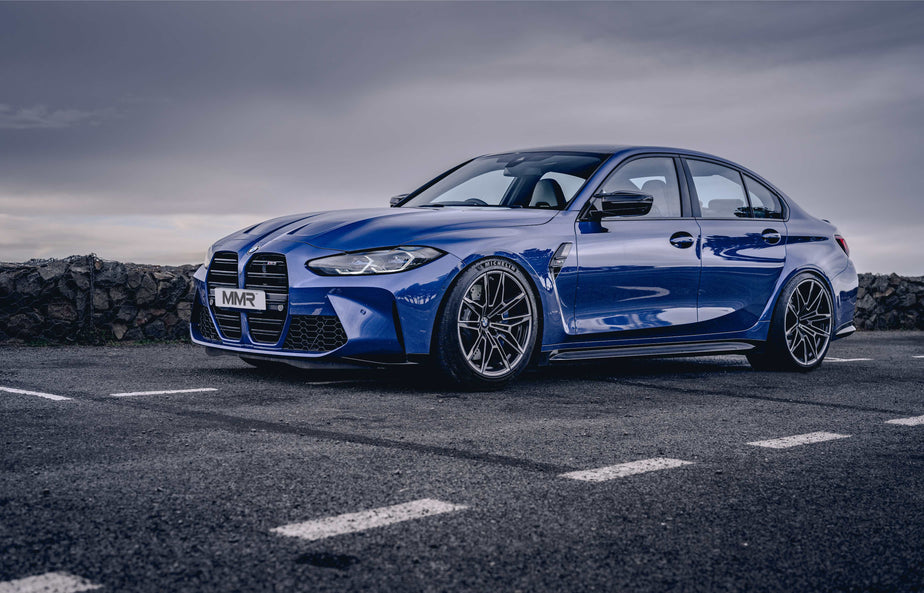 Bimecc STANCE KIT MMX Performance and BIMECC Wheel Spacer Stance Kit for BMW M3 G80 X-Drive, showing wheel and spacer components