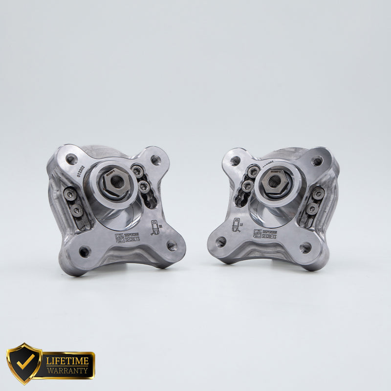Suspension Secrets adjustable camber and caster plates for BMW G87 M2, top mount kinematics kit with precision engineering.