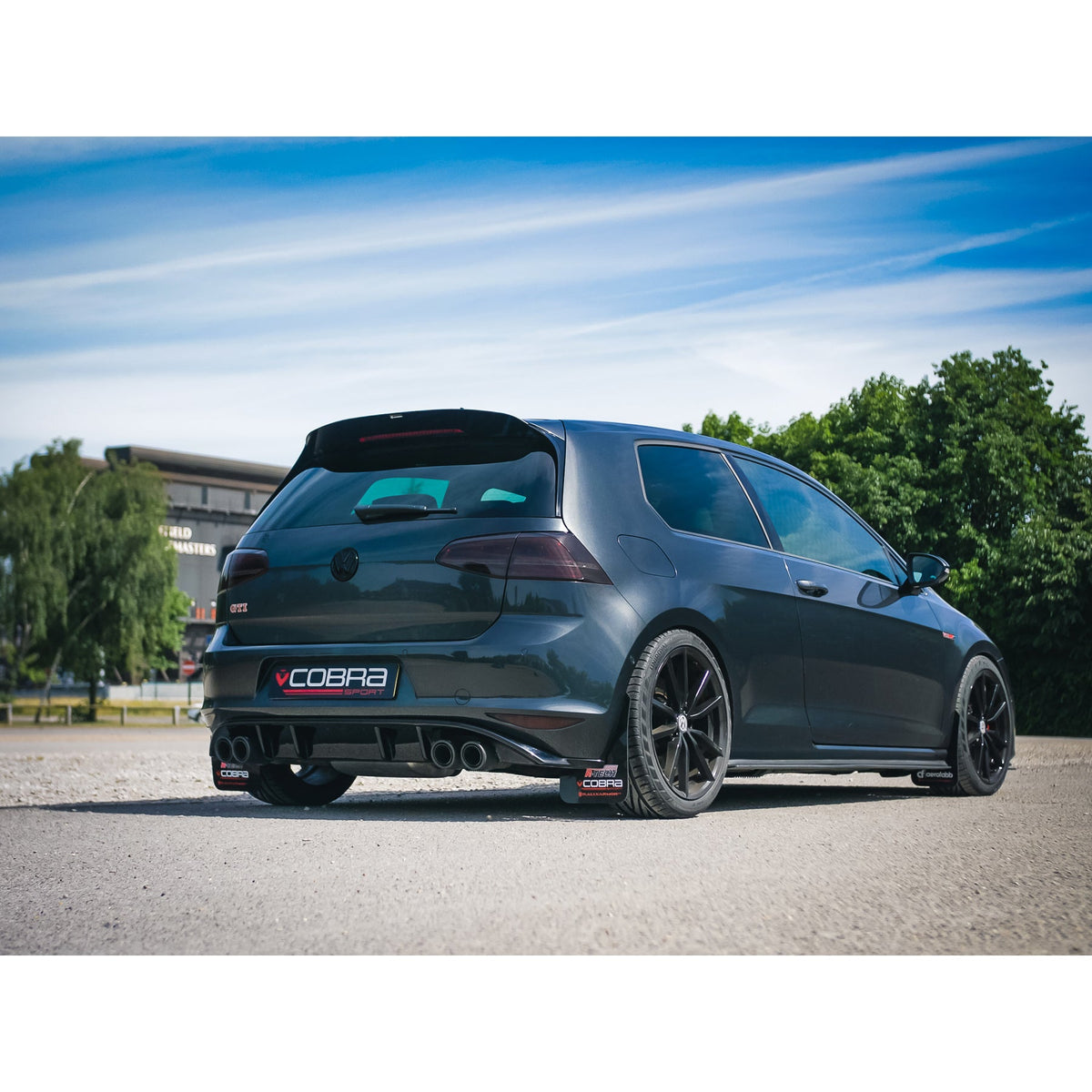 Cobra Sport VW Golf GTI Mk7 2.0 TSI turbo back exhaust with quad exit design, performance upgrade for Golf R style.
