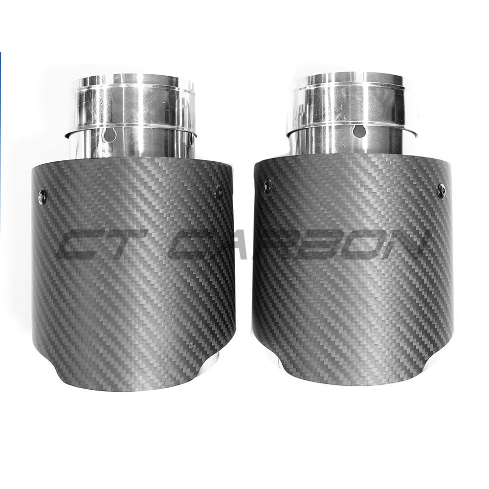 Hyundai I30N carbon fiber exhaust tips by CT Carbon, showcasing sleek, glossy finish and stylish design on car exhaust system.