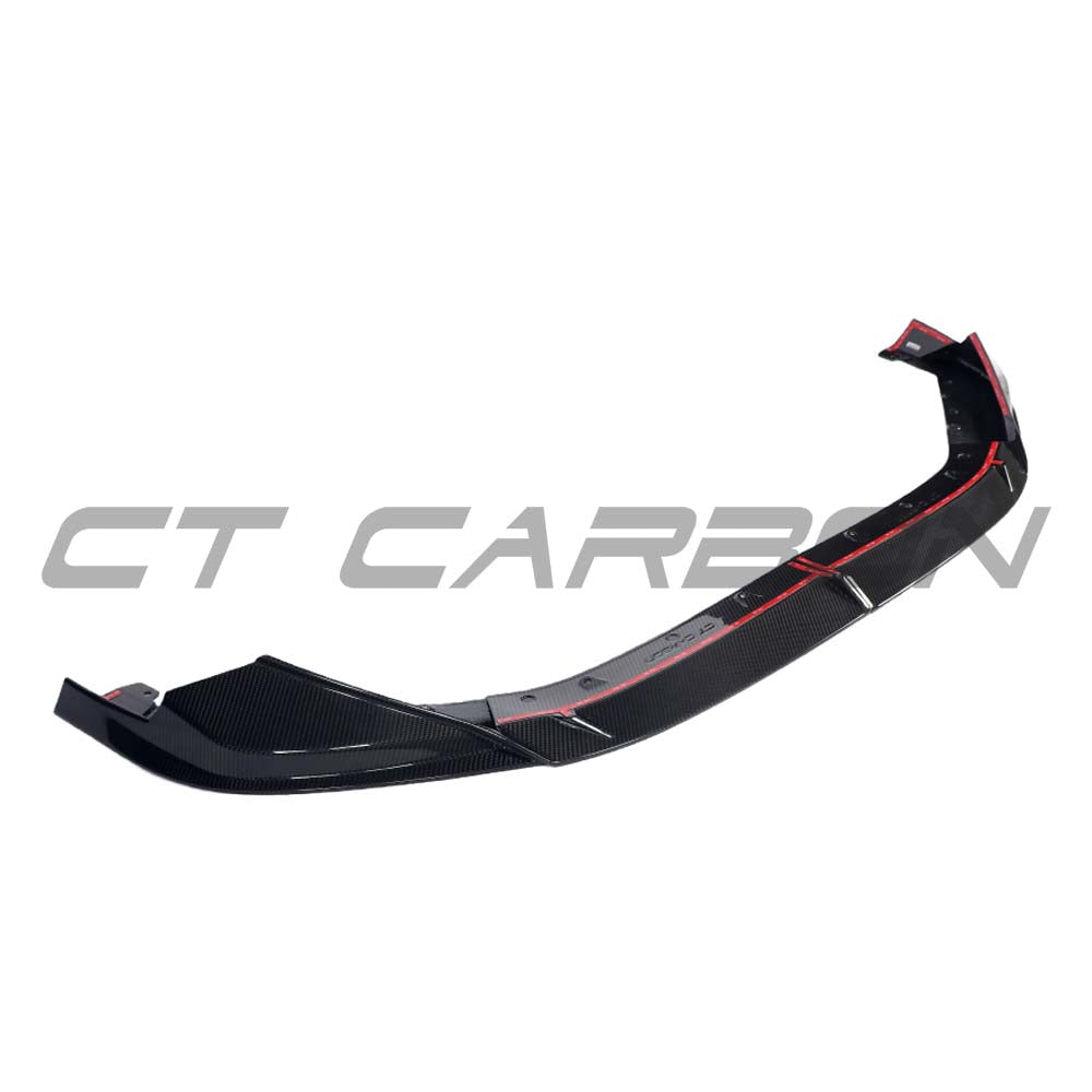 BMW G90 G99 M5 Touring 2024 CT Carbon dry carbon fibre splitter V2, aerodynamic car part, detailed close-up of splitter.