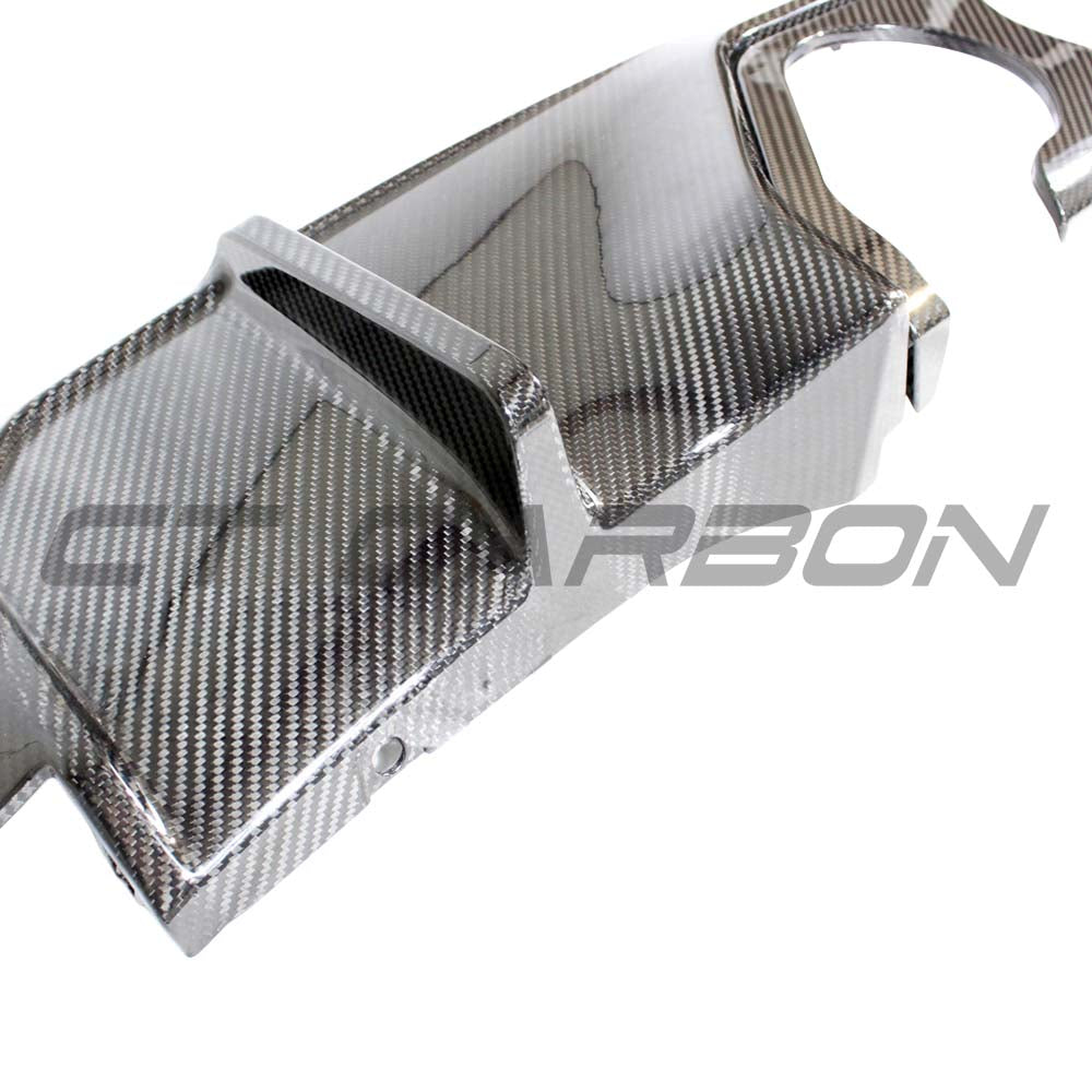 BMW M3 M4 G80 G82 G81 G83 CT Carbon middle outlet diffuser, close-up view showing sleek black carbon fiber design.