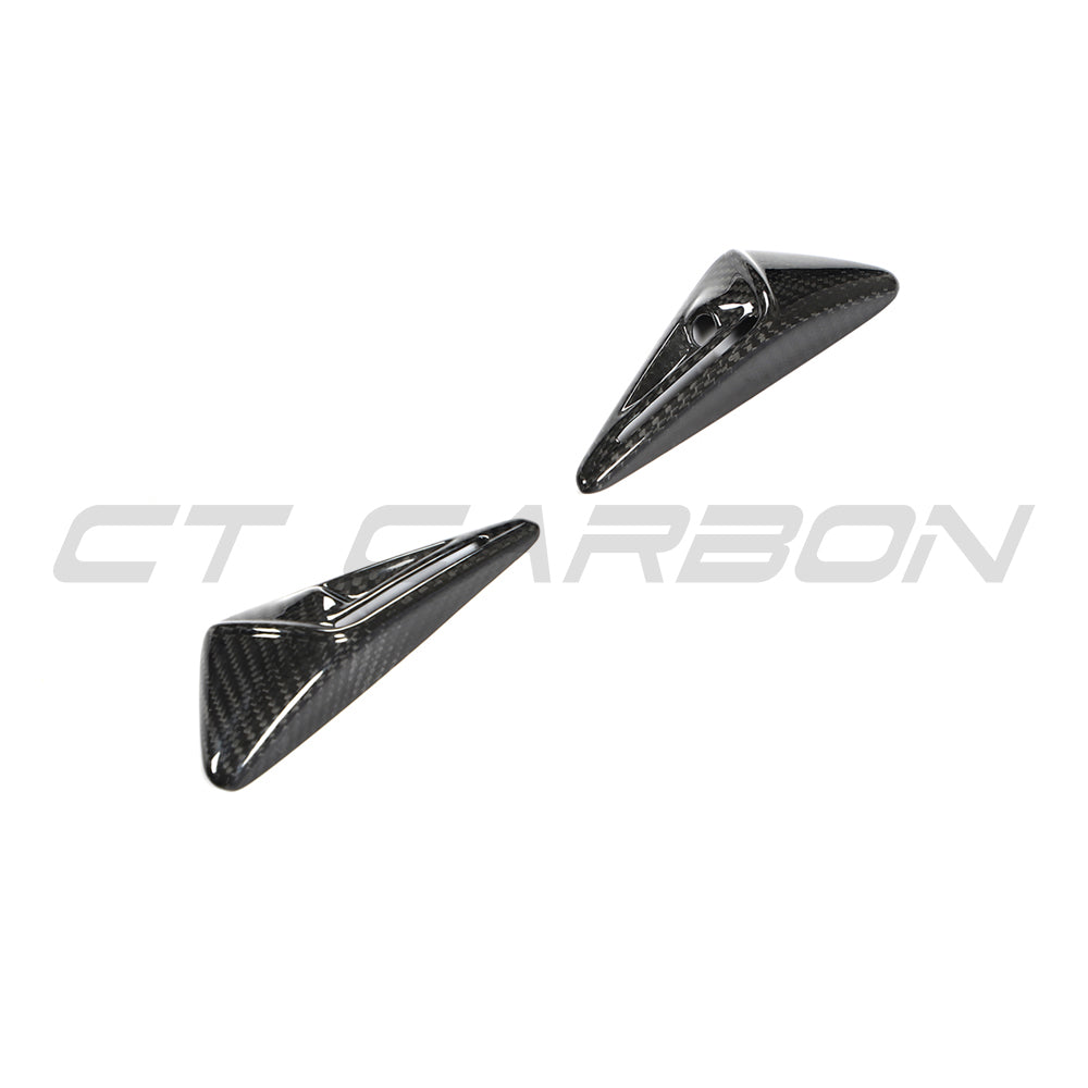 Tesla Model 3 2017-2023 carbon fiber side camera cover by CT Carbon, close-up view showing sleek black finish and precise fit.