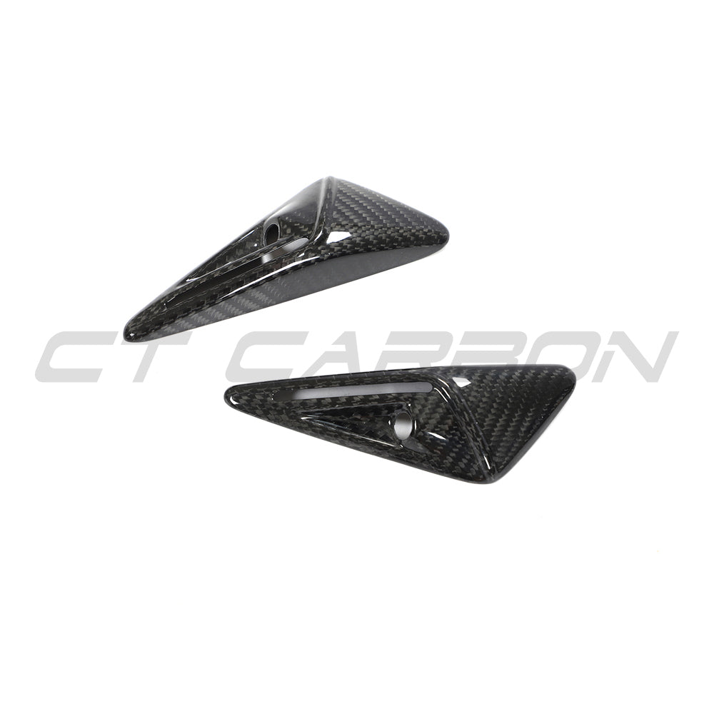 CT Carbon carbon fiber side camera cover for Tesla Model 3 2017-2023, close-up view showing sleek, textured finish.