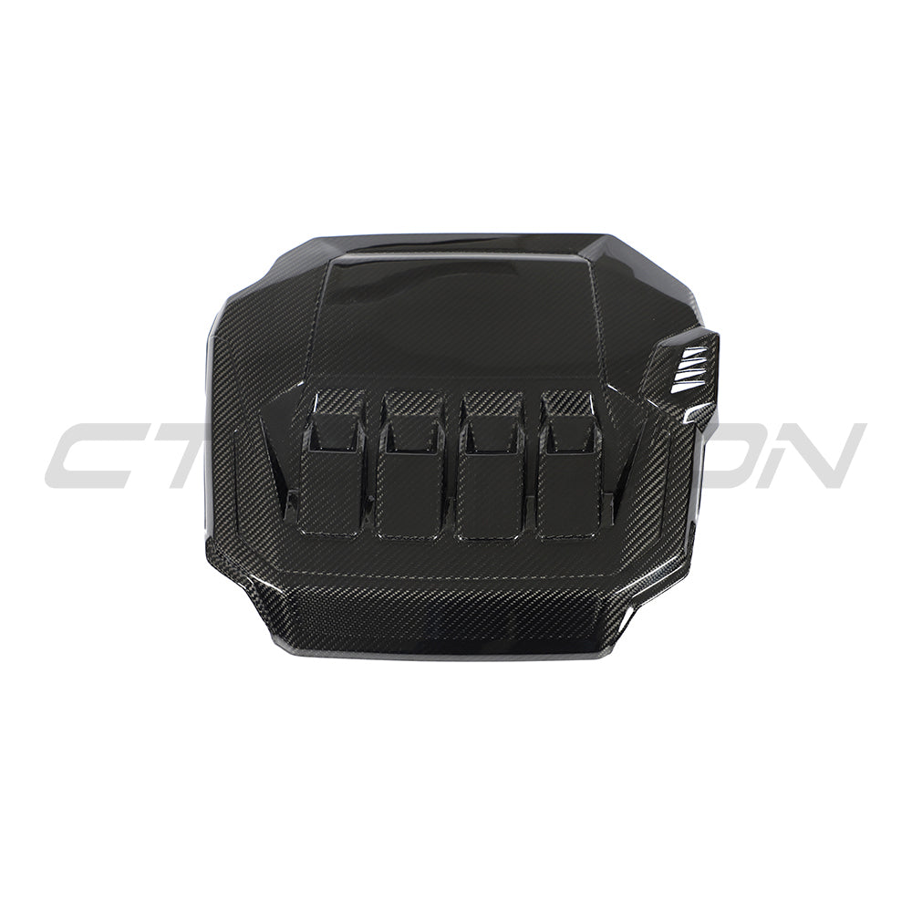 CT Carbon VW Golf MK8 2020+ GTI carbon fibre engine cover, sleek automotive accessory with detailed carbon fibre finish.