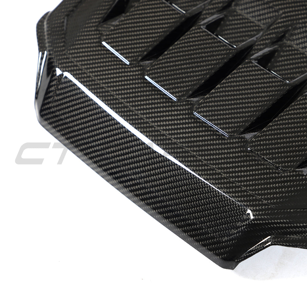 CT Carbon VW Golf MK8 2020+ GTI carbon fiber engine cover, close-up view showcasing sleek, high-quality automotive accessories.