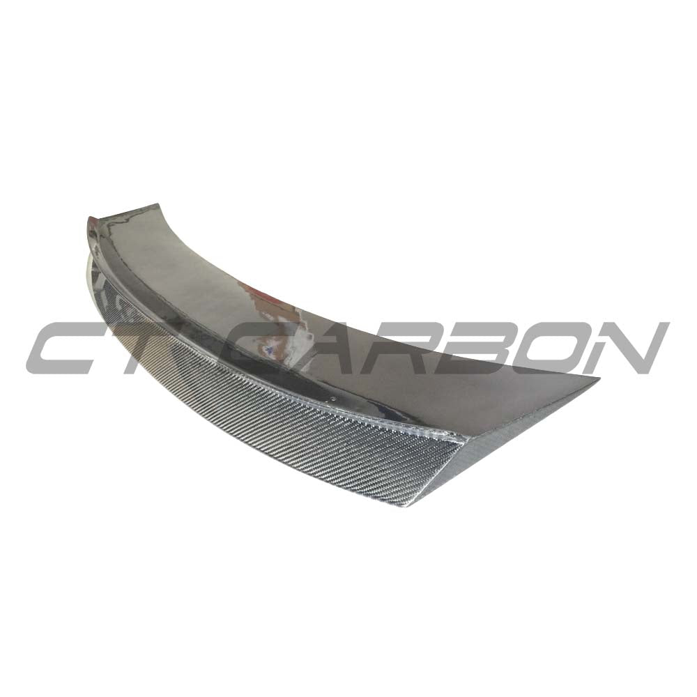 CT Carbon Audi TT/TTS MK3 carbon fibre spoiler installed on the car, showcasing a sleek, aerodynamic design for enhanced performance.