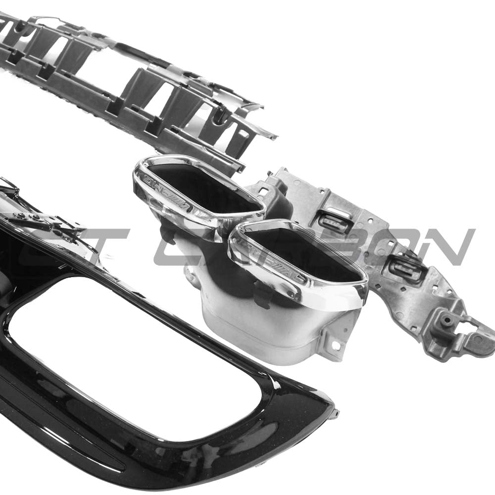 Gloss black diffuser and tips for Mercedes C-Class W205 saloon or estate, by CT Carbon, shown on a sleek vehicle.