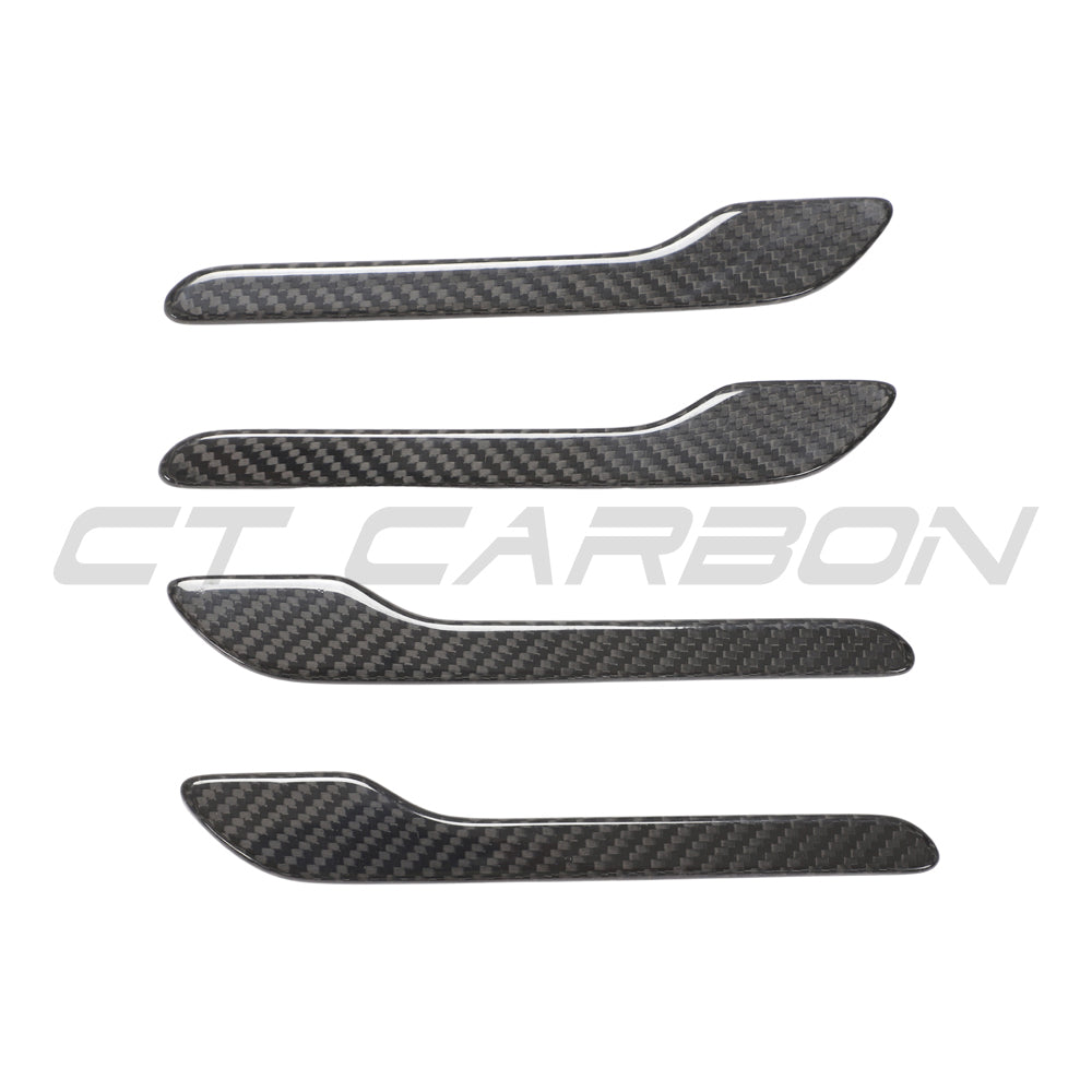 Tesla Model 3 and Y 2017+ Carbon Fibre Handle Covers by CT Carbon installed on car door handles.