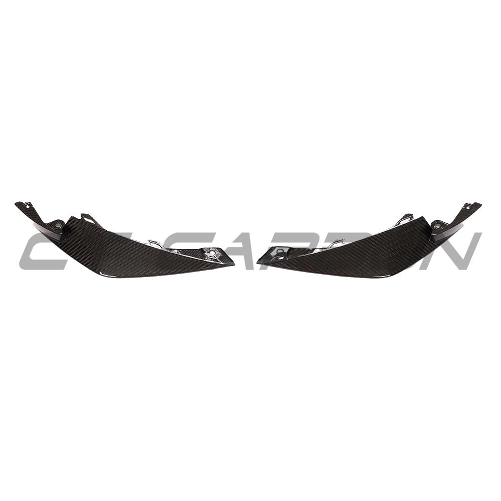 BMW M3/M4 G80/G82 carbon fibre front bumper corner replacements by CT Carbon, showing sleek, lightweight accessory details