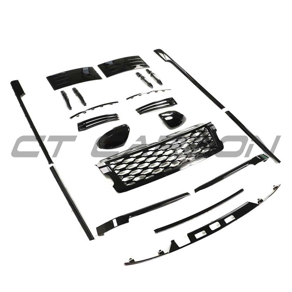 Full black trim kit for Range Rover Vogue 2018-2022 L405 by CT Carbon, featuring sleek black accents and detailed components.