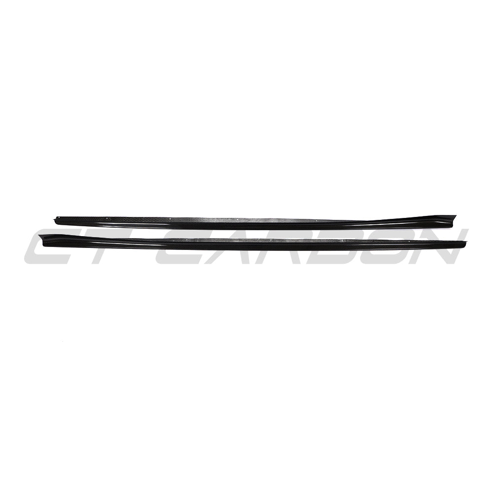 BMW 8 Series and M8 G16/F93 carbon fibre side skirts by CT Carbon, V2 model, installed on the vehicle's sides.