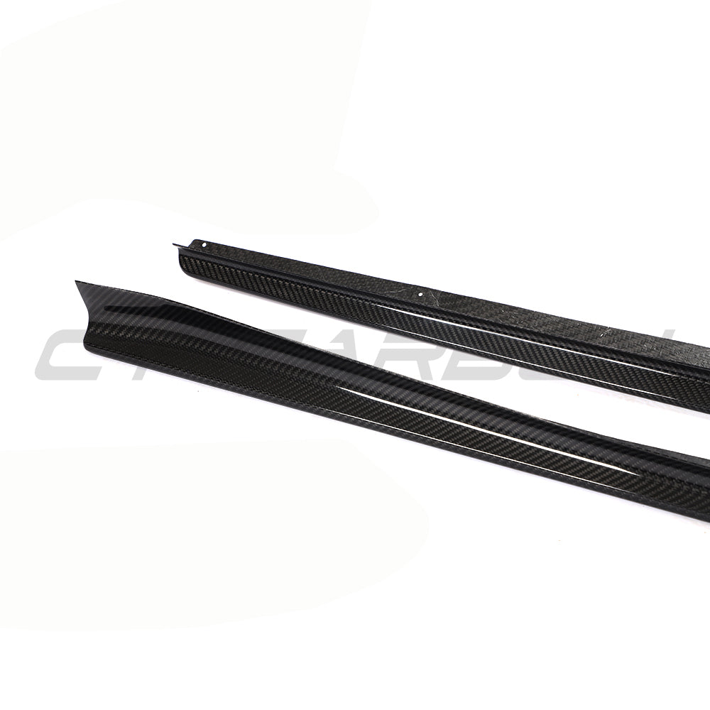 BMW 8 Series M8 G16/F93 2019-2025 carbon fiber side skirts by CT Carbon, shown on a sleek sports car.