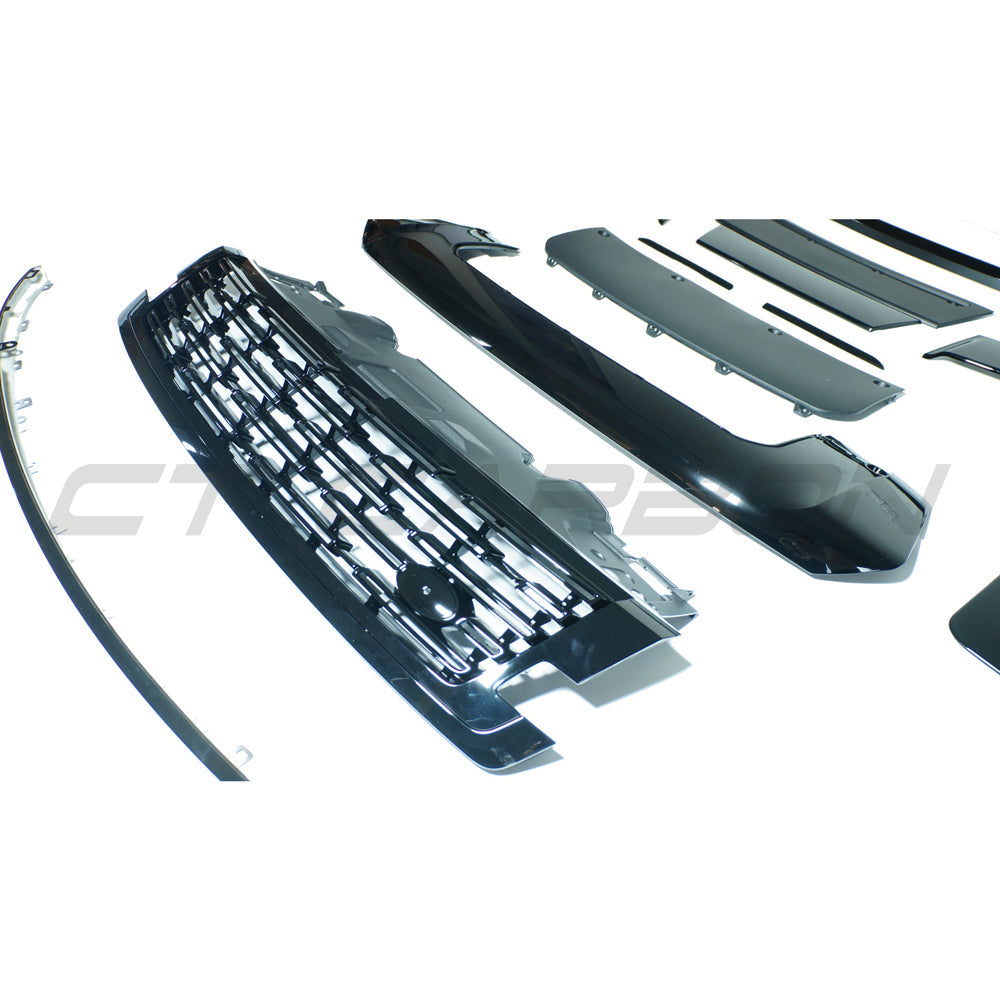 Black full trim pack kit for Range Rover L460 2022+ by CT Carbon, featuring sleek black accents and detailed close-up views.