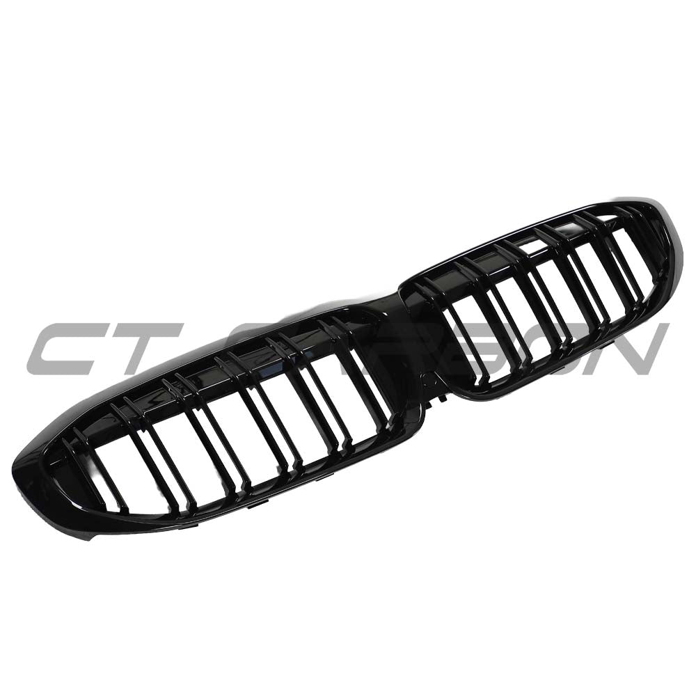 BMW 3 Series G20/G21 2018-2022 CT Carbon gloss black grille, close-up view showing the sleek, shiny front grille design.