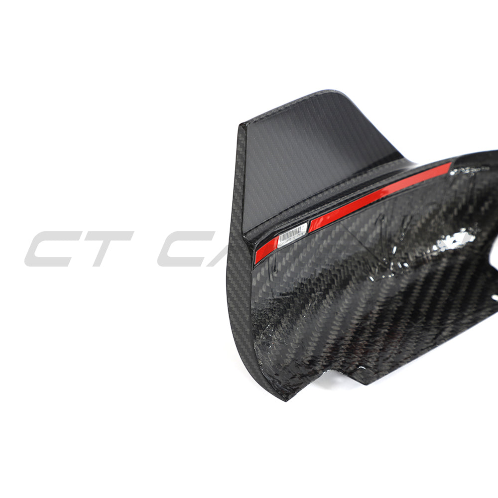 CT Carbon Porsche 992 Carrera 2018-2024 carbon fibre corner splitters installed on front bumper, enhancing aerodynamic performance.