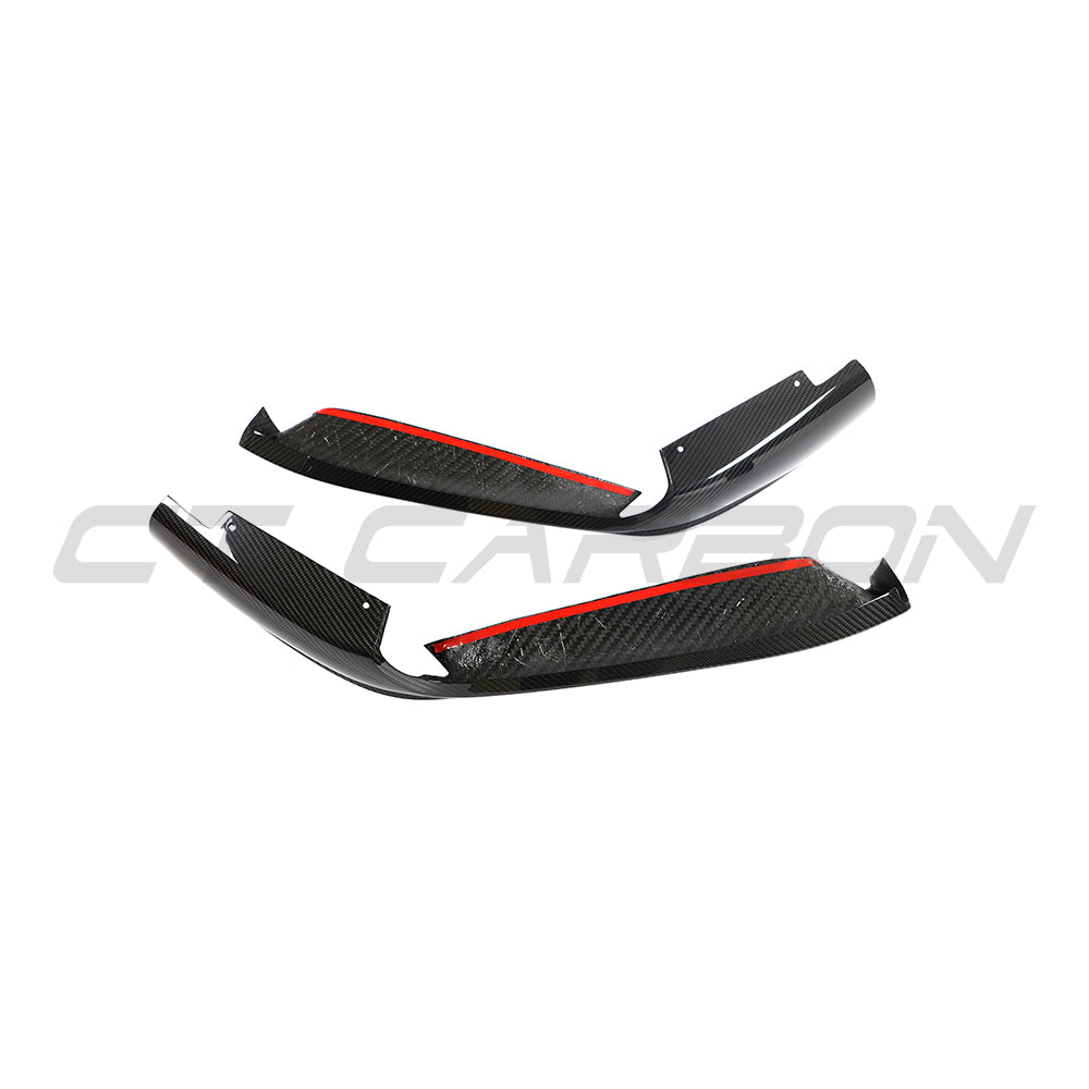 CT Carbon Porsche 992 Carrera 2018-2024 carbon fibre corner splitters installed on front corners of the sports car.