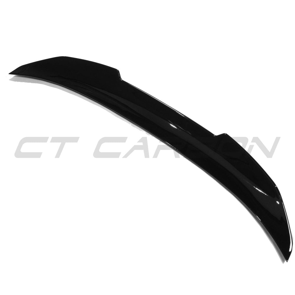 Black gloss spoiler for BMW 3 Series F30 by CT Carbon, V3 model, shown attached to the car's rear for sporty enhancement.