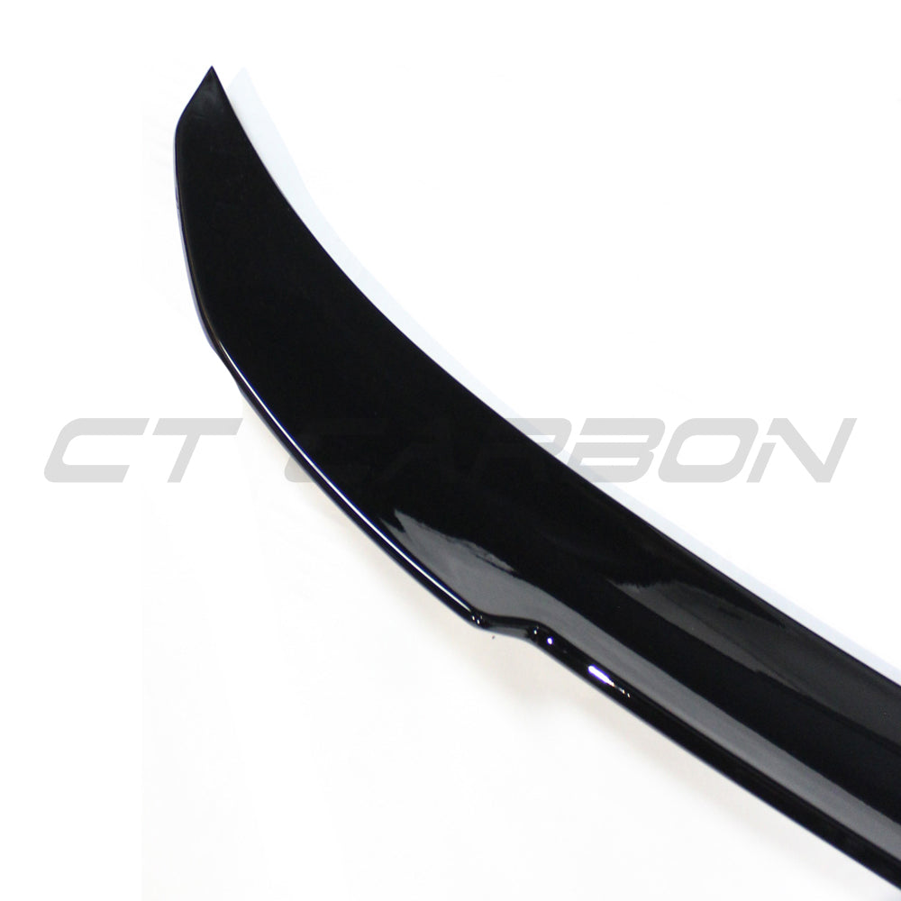 BMW 3 Series F30 gloss black V3 spoiler by CT Carbon, showcasing its sleek aerodynamic design and glossy finish.