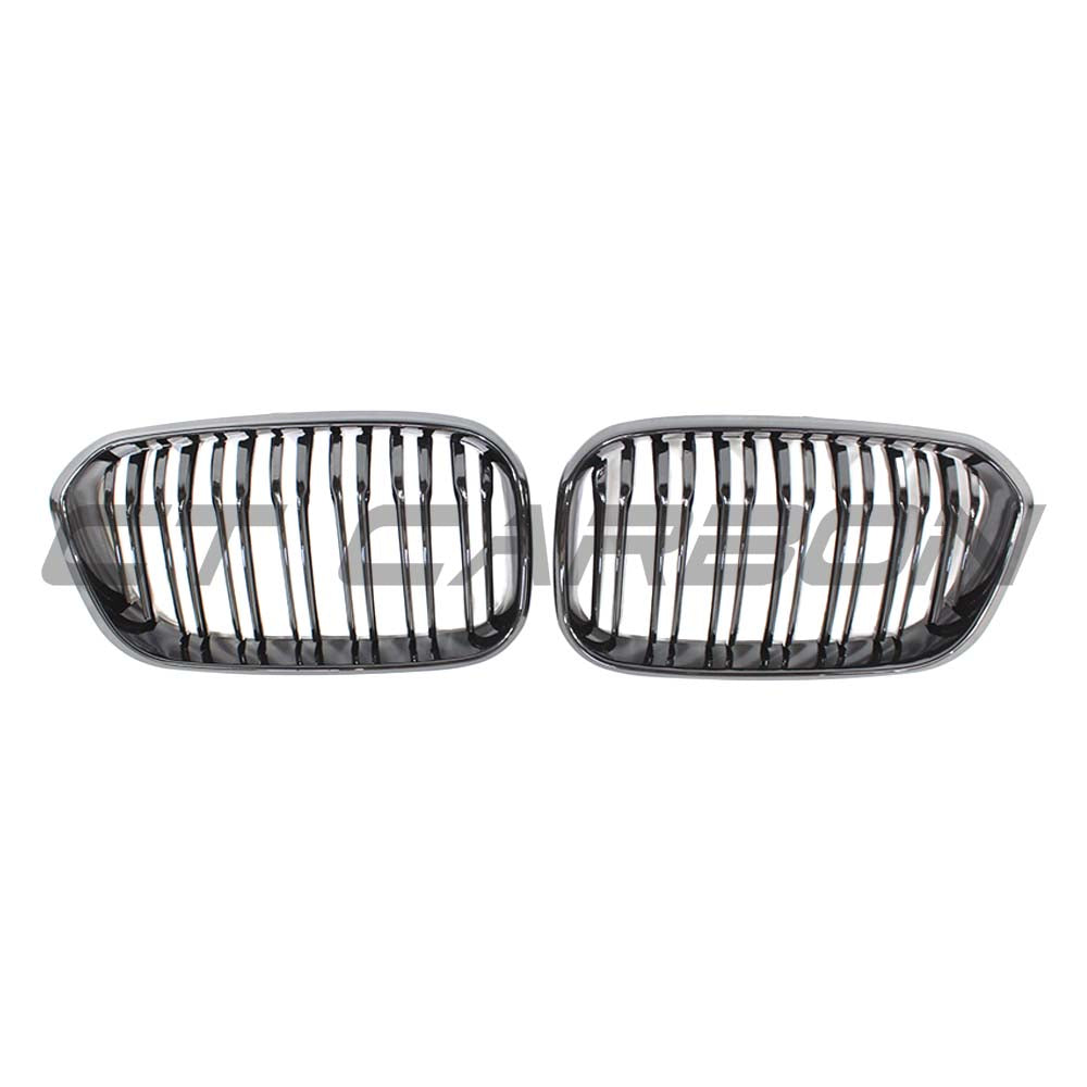 BMW F20 1 Series LCI double slat gloss black grille by CT Carbon, shown on a car with close-up view of the grille design.