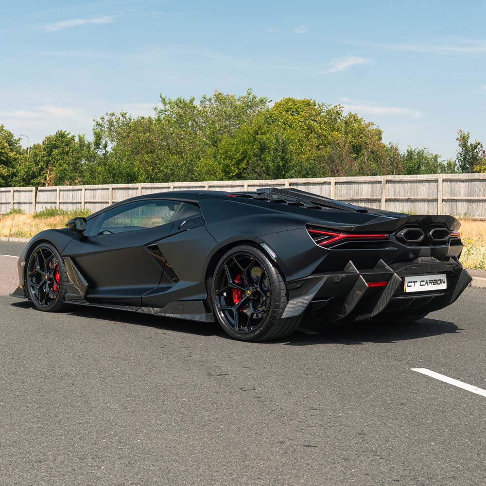 Lamborghini Revueltto carbon fibre rear diffuser by CT Carbon, showcasing sleek aerodynamic design and detailed craftsmanship.