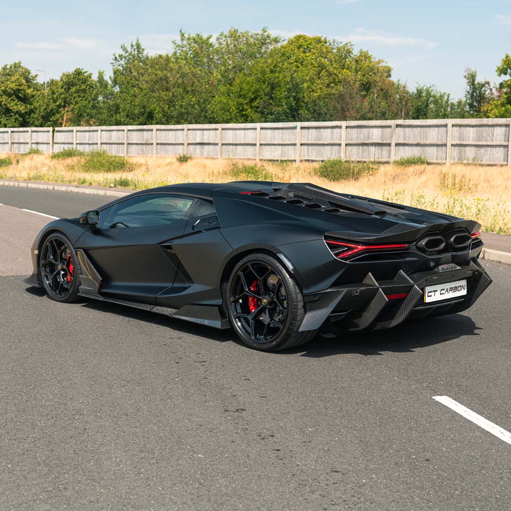 Lamborghini Revueltot carbon fiber rear diffuser by CT Design, showcasing sleek aerodynamic design and detailed craftsmanship.