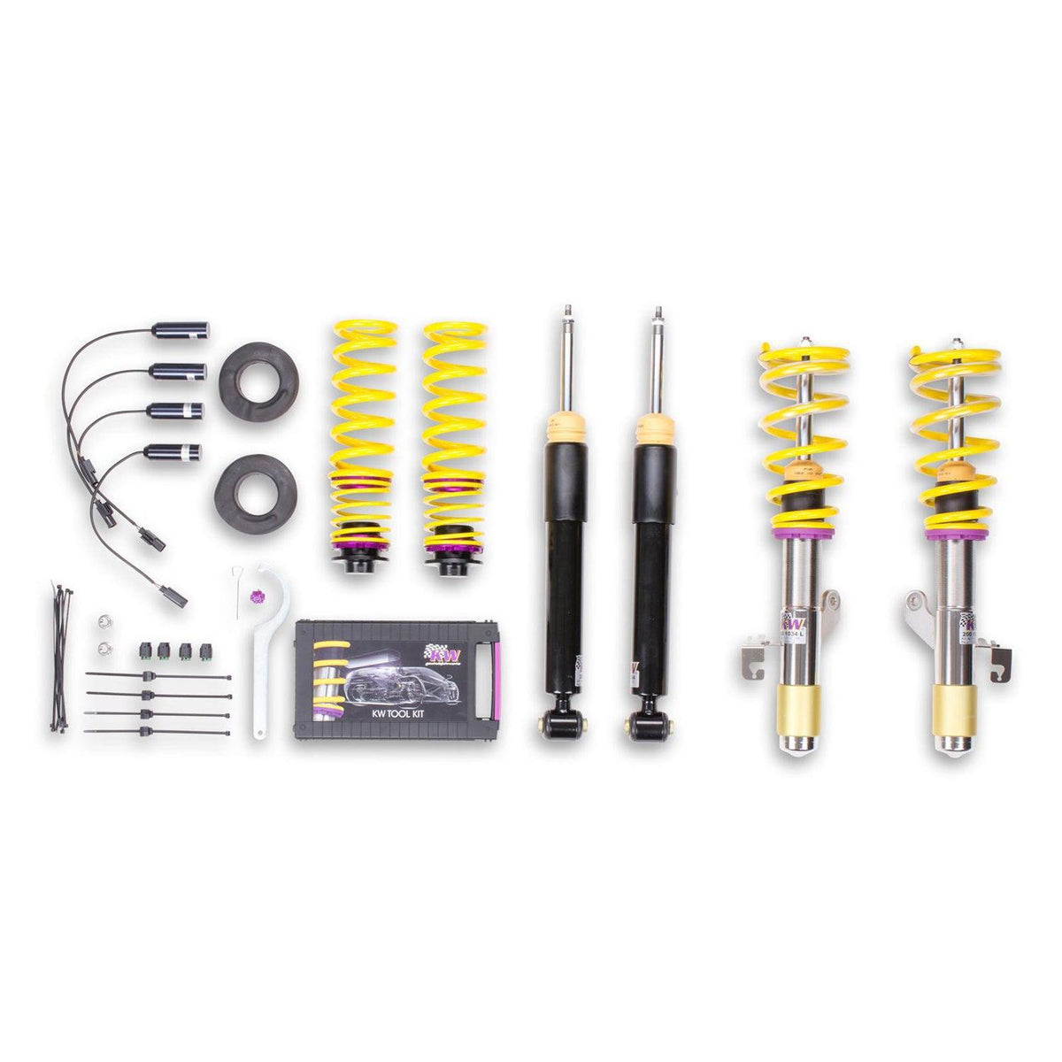 KW Suspension V2 coilover kit for BMW 320i, 328i, 420i, 440i xDrive F30/F32 with EDC deactivation, showcasing adjustable suspension components.